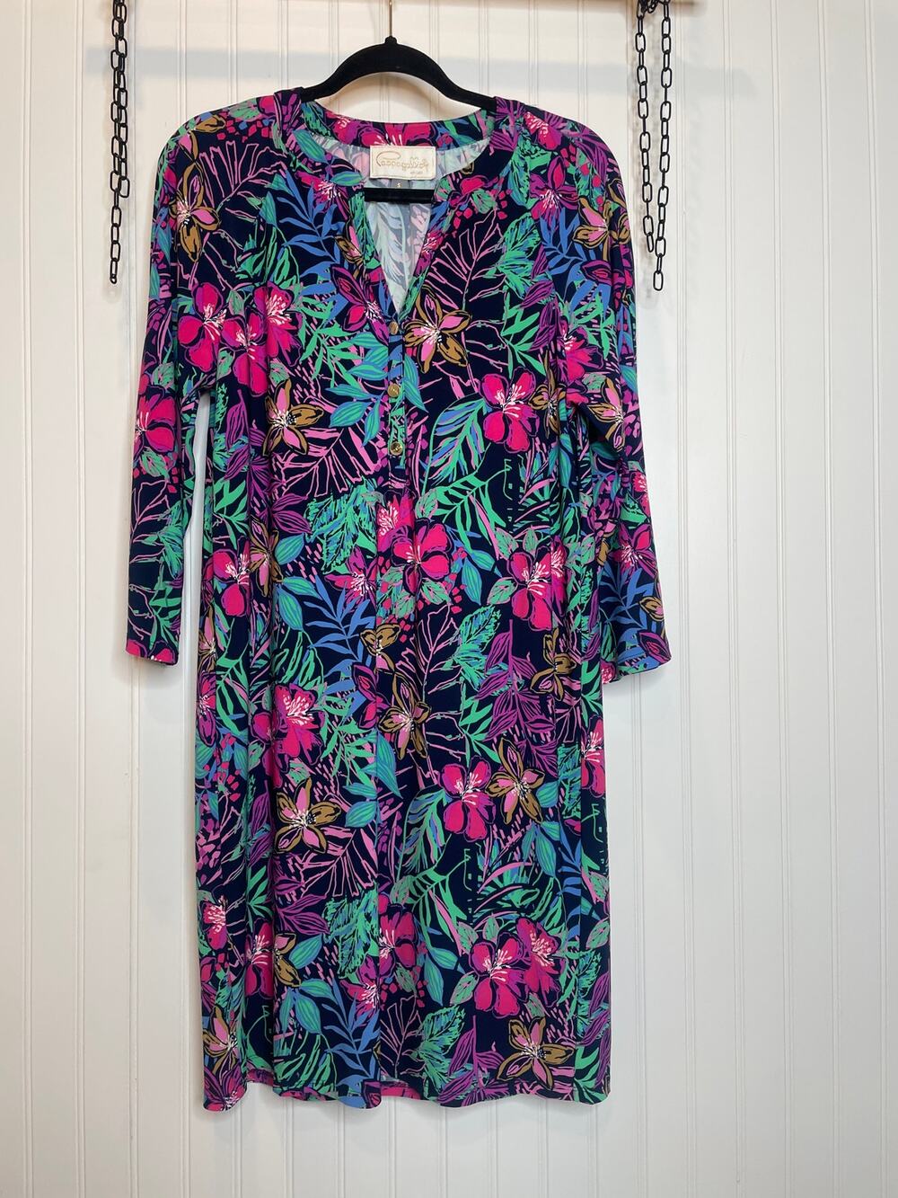 NWT PAPPAGALLO Multicolored Floral Print Mini Shift Dress Long Sleeve Size M